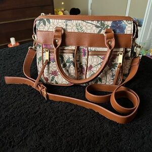 Floral Patterned Handbag with Brown Straps